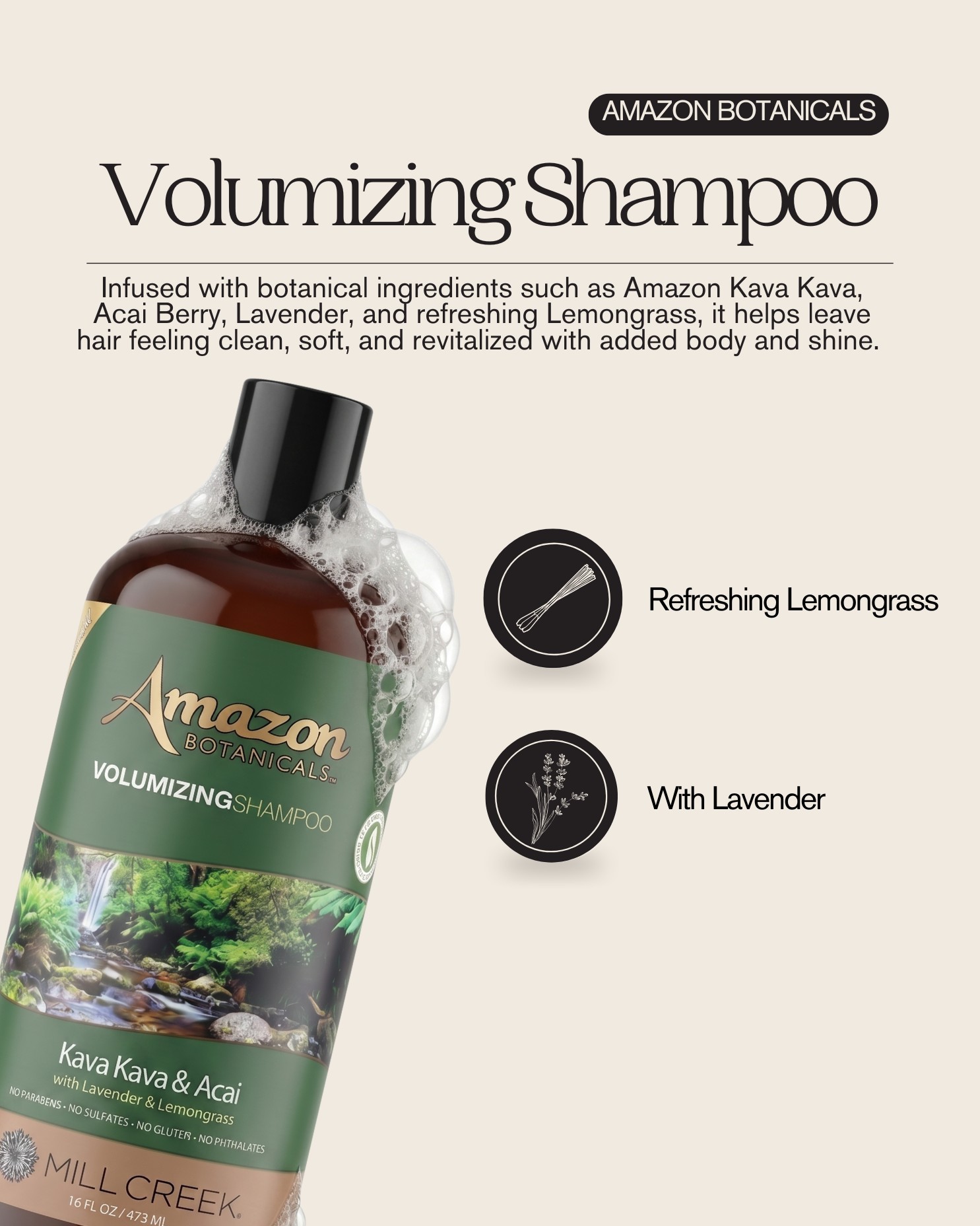 Amazon Botanicals Volumizing Shampoo Kava Kava & Acai– Mill Creek